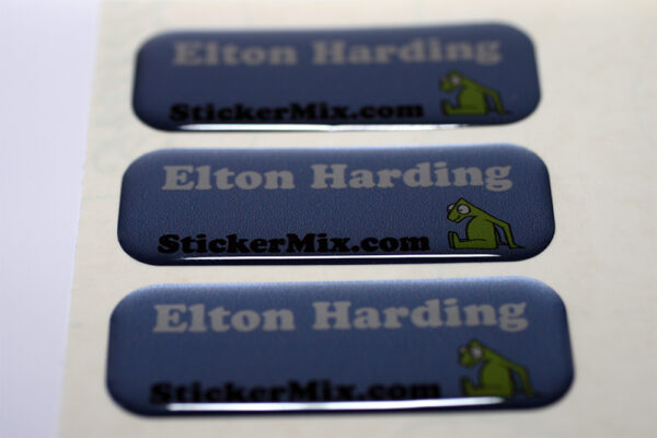 bright coloured personalised 3D epoxy domed labels with rounded corners and custom artwork