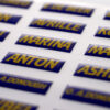 bright coloured personalised 3D epoxy domed nameplates with sharp corners