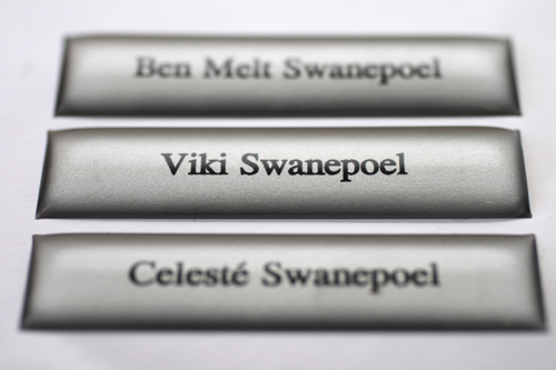 personalised 3D epoxy domed nameplates with metallic finish